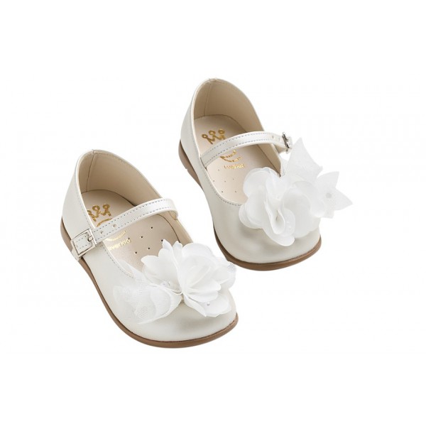 Βαπτιστικά Γοβάκια Δερμάτινα Everkid K6105E Εκρού Με Λουλούδι Και Πέρλες