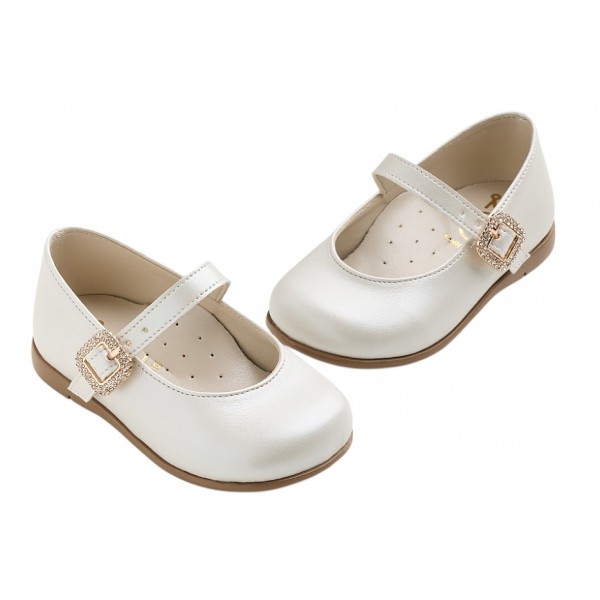 Βαπτιστικά Γοβάκια Δερμάτινα Everkid K6106E Εκρού Με Χρυσή Τόκα Και Strass