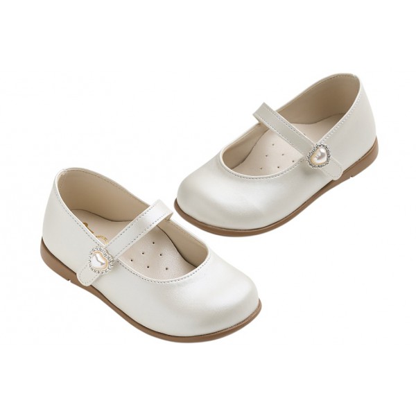 Γοβάκια Δερμάτινα Everkid K6110E Εκρού Με Τόκα Καρδιά Και Strass