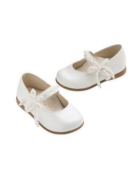 Γοβάκια Δερμάτινα Everkid K6112E Εκρού Με Πέρλες  