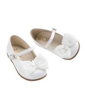 Βαπτιστικά Παπούτσια Για Κορίτσι Γοβάκια Δερμάτινα Everkid K6114A Λευκά Με Φιόγκο   