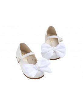 Βαπτιστικά Παπούτσια Για Κορίτσι Γοβάκια Δερμάτινα Everkid K6115A Λευκά Με Χειροποίητο Φιόγκο   
