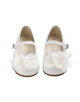 Βαπτιστικά Γοβάκια Δερμάτινα Everkid K6117A Λευκά Με Χειροποίητο Διακοσμητικό Και Τούλι