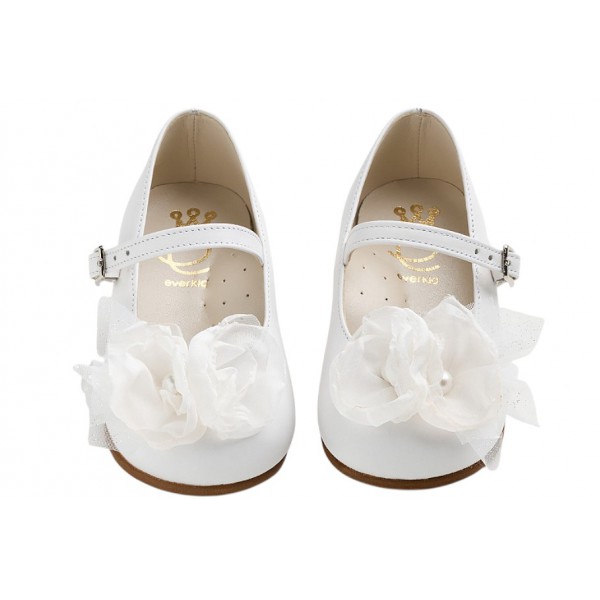 Βαπτιστικά Γοβάκια Δερμάτινα Everkid K6117A Λευκά Με Χειροποίητο Διακοσμητικό Και Τούλι