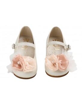 Βαπτιστικά Γοβάκια Δερμάτινα Everkid K6117Ε Εκρού Με Χειροποίητο Διακοσμητικό Και Τούλι 