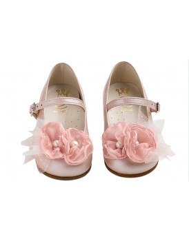 Βαπτιστικά Γοβάκια Δερμάτινα Everkid K6117P Ροζ Με Χειροποίητο Διακοσμητικό Σάπιο Μήλο Και Τούλι