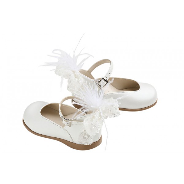 Βαπτιστικά Γοβάκια Δερμάτινα Everkid K6119Ε Εκρού Με Χειροποίητο Διακοσμητικό Και Φτερά