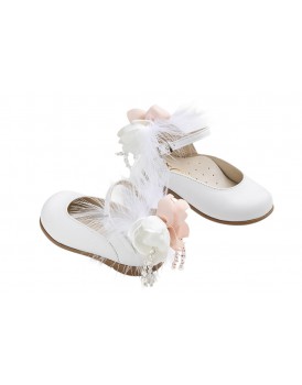 Βαπτιστικά Γοβάκια Δερμάτινα Everkid K6120A Λευκά Με Χειροποίητο Διακοσμητικό Και Λουλούδια 