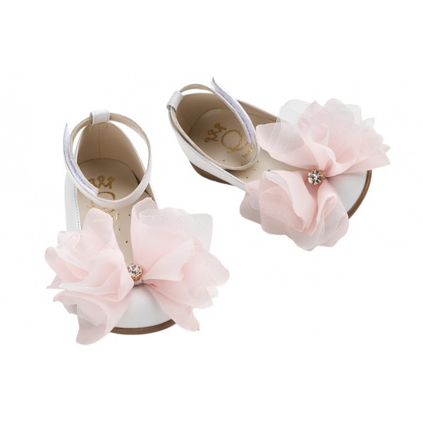 Βαπτιστικά Παπούτσια Για Κορίτσι Γοβάκια Δερμάτινα Everkid K6125A Λευκά Με Διακοσμητικό Και Strass