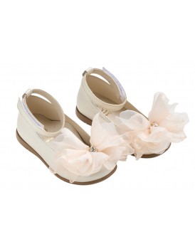 Βαπτιστικά Παπούτσια Για Κορίτσι Γοβάκια Δερμάτινα Everkid K6125E Εκρού Με Διακοσμητικό Και Strass