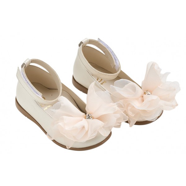 Βαπτιστικά Παπούτσια Για Κορίτσι Γοβάκια Δερμάτινα Everkid K6125E Εκρού Με Διακοσμητικό Και Strass