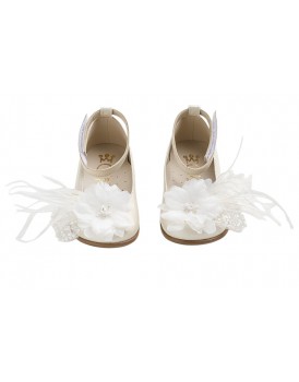 Βαπτιστικά Παπούτσια Για Κορίτσι Γοβάκια Δερμάτινα Everkid K6126E Εκρού Με Κεντημένο Διακοσμητικό Και Λουλούδι 