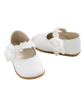 Παπούτσια Βάπτισης Για Κορίτσι Γοβάκια Δερμάτινα Everkid K627A Λευκά Με Τριαντάφυλλο  