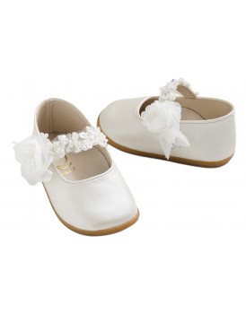 Παπούτσια Βάπτισης Για Κορίτσι Γοβάκια Δερμάτινα Everkid K627E Εκρού Με Τριαντάφυλλο  