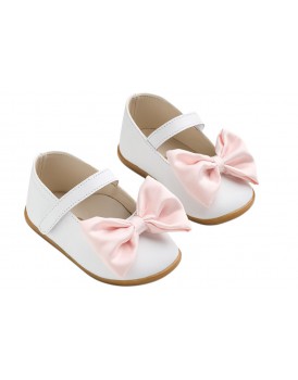 Παπούτσια Βάπτισης Για Κορίτσι Γοβάκια Δερμάτινα Everkid K628A Λευκά Με Ροζ Φιόγκο   