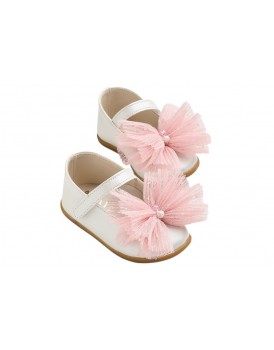 Παπούτσια Βάπτισης Για Κορίτσι Γοβάκια Δερμάτινα Everkid K629P Εκρού Με Ροζ Φιόγκο   