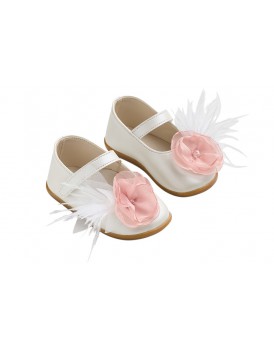 Παπούτσια Βάπτισης Για Κορίτσι Γοβάκια Δερμάτινα Everkid K631E Εκρού Με Ροζ Λουλούδι 