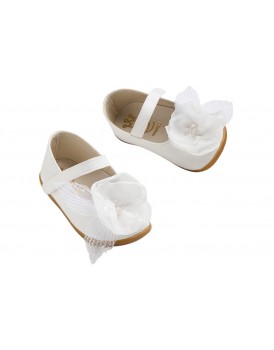 Παπούτσια Βάπτισης Για Κορίτσι Γοβάκια Δερμάτινα Everkid K632A Λευκά Καστόρ Με Λουλούδι 