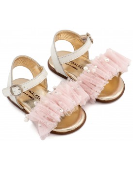 Βαπτιστικά Πέδιλα Για Κορίτσι Δερμάτινα Babywalker Pri 2656 PRIMO Με Τούλι Σε Εκρού-Ροζ 