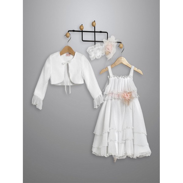 Φόρεμα Βάπτισης Με Μπολερό New Life 3004-1 Τούλι Πλισέ Πουά Λευκό Με Τούλινο Λουλούδι