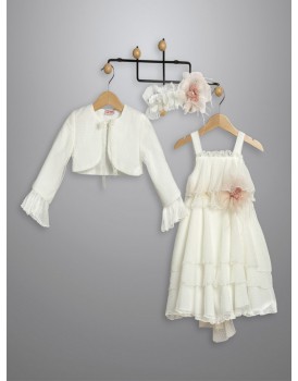 Βαπτιστικό Φόρεμα Εκρού Με Μπολερό New Life 3004-2 Τούλι Πλισέ Πουά Με Τούλινο Λουλούδι