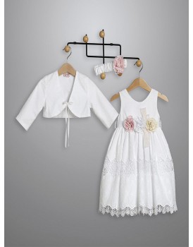 Φόρεμα Βάπτισης Με Μπολερό New Life 3006-1 Βαμβακερό Τούλι Μπροντερί Λευκό Με Πλεκτά Λουλούδια
