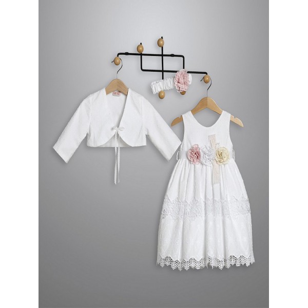 Φόρεμα Βάπτισης Με Μπολερό New Life 3006-1 Βαμβακερό Τούλι Μπροντερί Λευκό Με Πλεκτά Λουλούδια