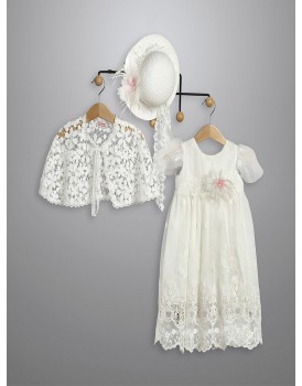 Φόρεμα Βάπτισης Με Μπολερό New Life 3008-2 Εκρού Τούλινη Δαντέλα Με Λουλούδι