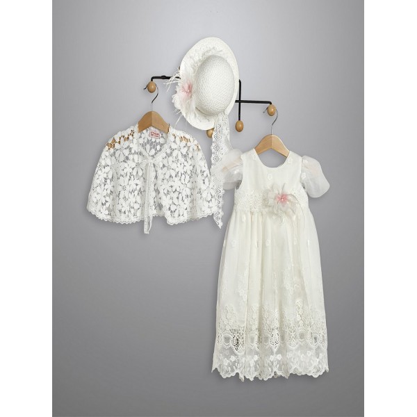 Φόρεμα Βάπτισης Με Μπολερό New Life 3008-2 Εκρού Τούλινη Δαντέλα Με Λουλούδι