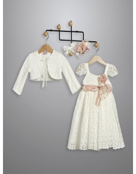 Φόρεμα Βάπτισης Με Μπολερό New Life 3012-2 Εκρού Δαντέλα Με Λουλούδια