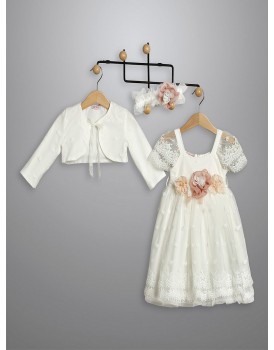 Βαπτιστικό Φόρεμα Με Μπολερό New Life 3016-2 Εκρού Δαντέλα Με Λουλούδια