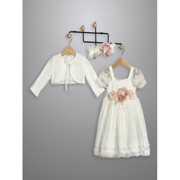 Βαπτιστικό Φόρεμα Με Μπολερό New Life 3016-2 Εκρού Δαντέλα Με Λουλούδια