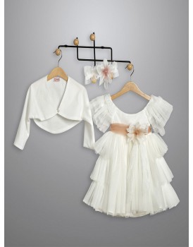 Βαπτιστικό Φόρεμα Με Μπολερό New Life 3018-2 Εκρού Πουά Τούλι Με Λουλούδια