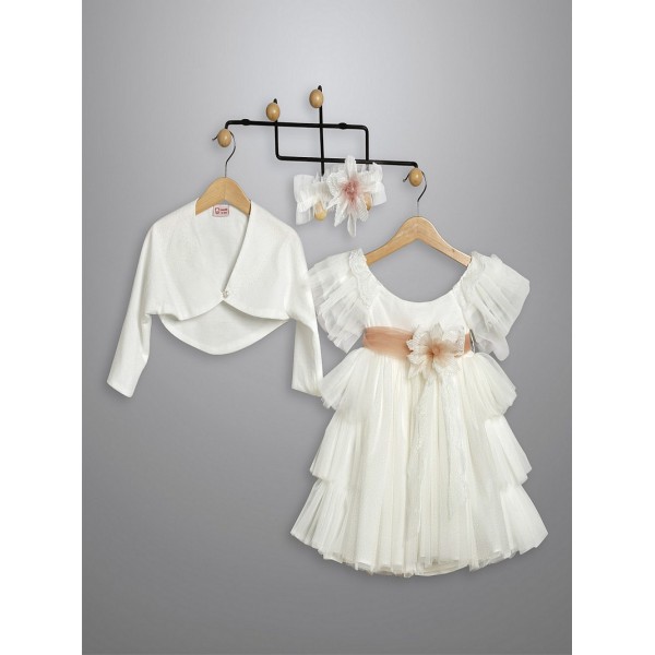 Βαπτιστικό Φόρεμα Με Μπολερό New Life 3018-2 Εκρού Πουά Τούλι Με Λουλούδια