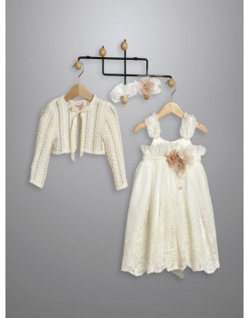 Βαπτιστικό Φόρεμα Με Πλεκτό Μπολερό New Life 3026-2 Εκρού Τούλινη Δαντέλα  