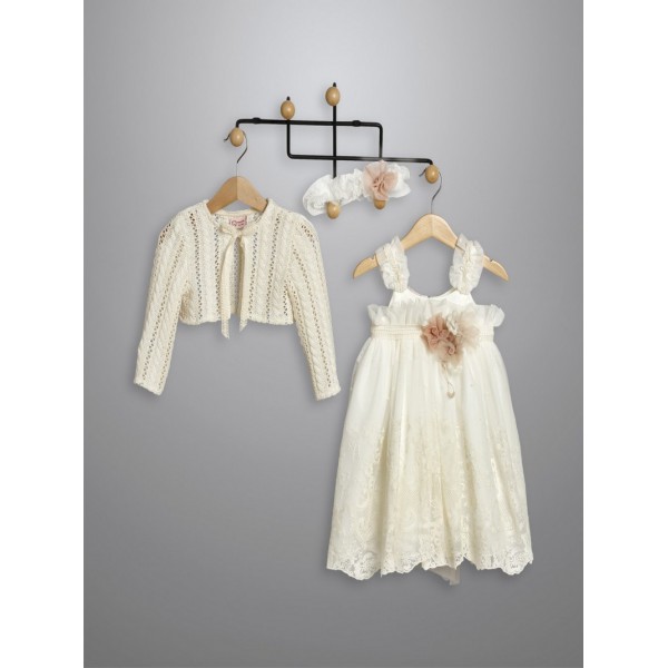 Βαπτιστικό Φόρεμα Με Πλεκτό Μπολερό New Life 3026-2 Εκρού Τούλινη Δαντέλα