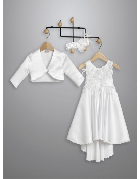 Βαπτιστικό Φόρεμα Με Μπολερό New Life 3028-1 Λευκό Satin Ασύμμετρο 
