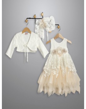 Βαπτιστικό Φόρεμα Με Μπολερό New Life 3032-5 Εκρού Δαντέλα Και Σομόν Τούλι 