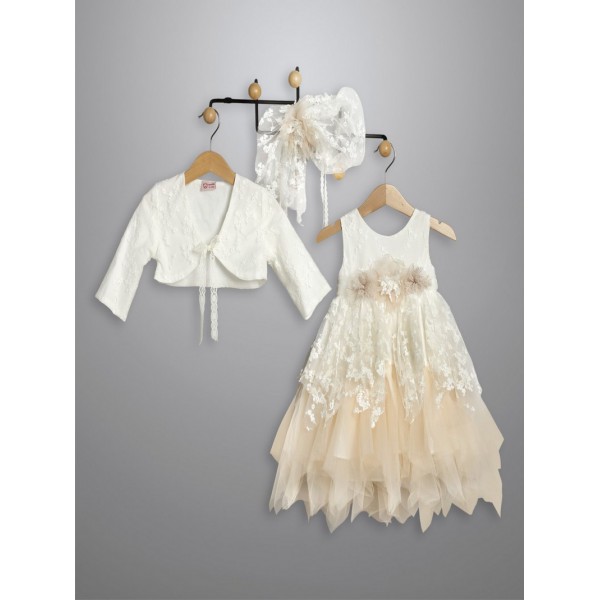 Βαπτιστικό Φόρεμα Με Μπολερό New Life 3032-5 Εκρού Δαντέλα Και Σομόν Τούλι