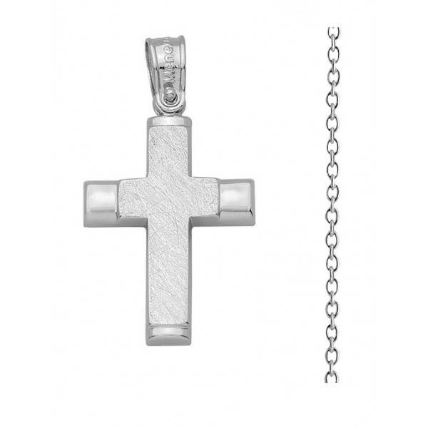 Βαπτιστικός Σταυρός Αγόρι Από Λευκόχρυσο 14K Με Αλυσίδα Σετ 13409